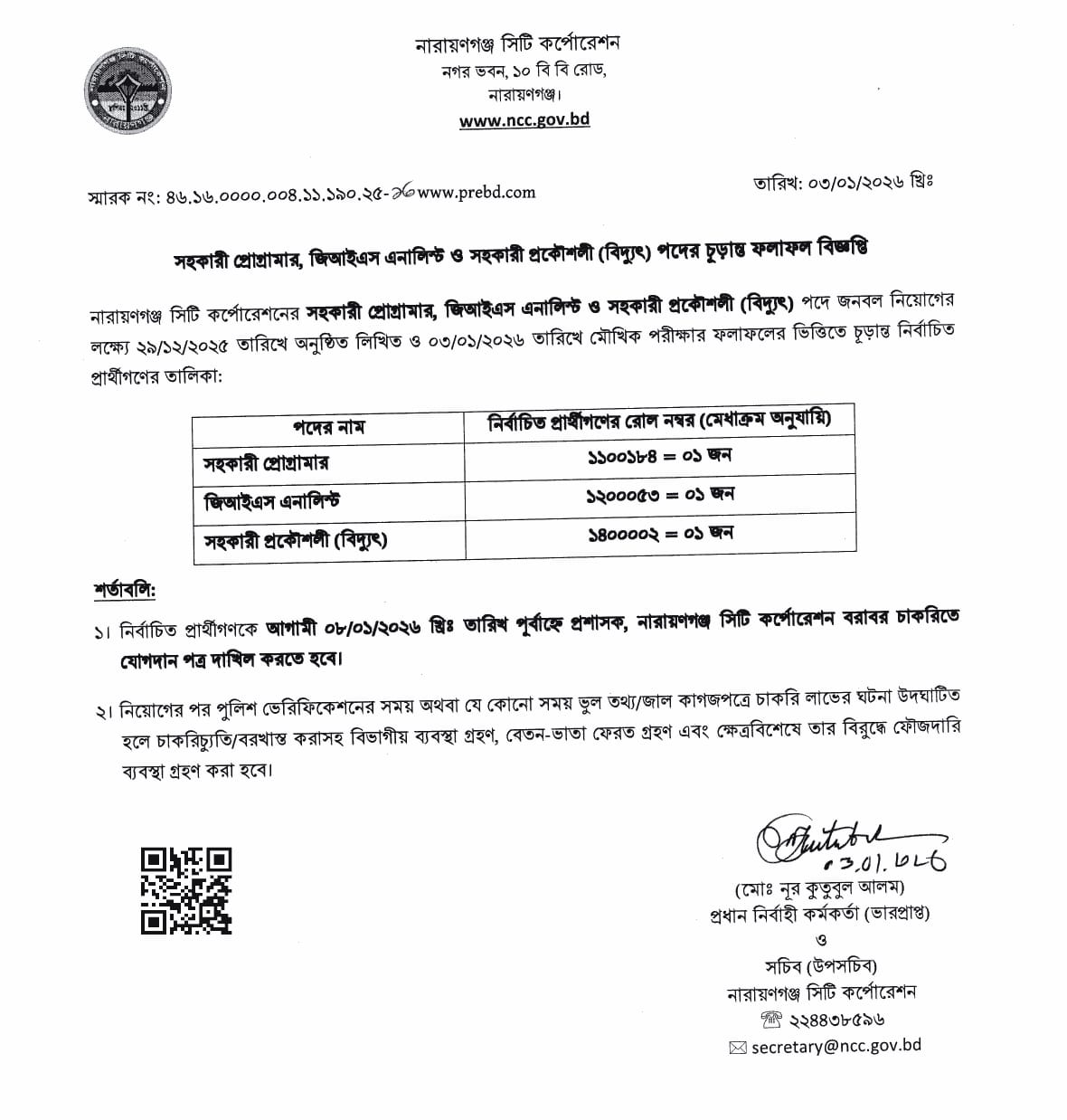 নারায়ণগঞ্জ সিটি কর্পোরেশন (ncc) এর বিভিন্ন পদের নিয়োগ পরীক্ষার ফলাফল প্রকাশ