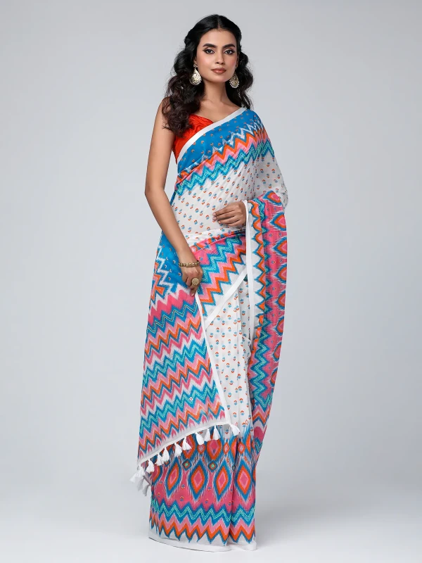 White Printed and Embroidered Cotton Saree