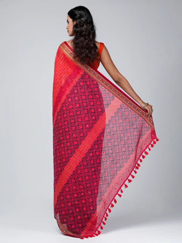 Orange/Purple Check and Printed Cotton Saree