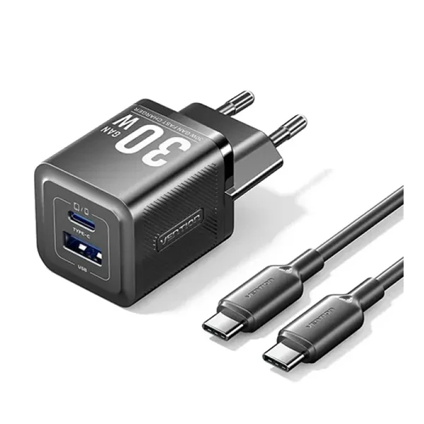 VENTION TZ-FEQB0-EU-01 2-Port 30W USB (C+A) GaN Charger with Type-C Cable - EU