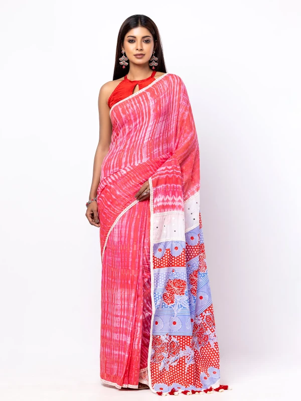 Pink Tie-Dyed and Printed Cotton Saree