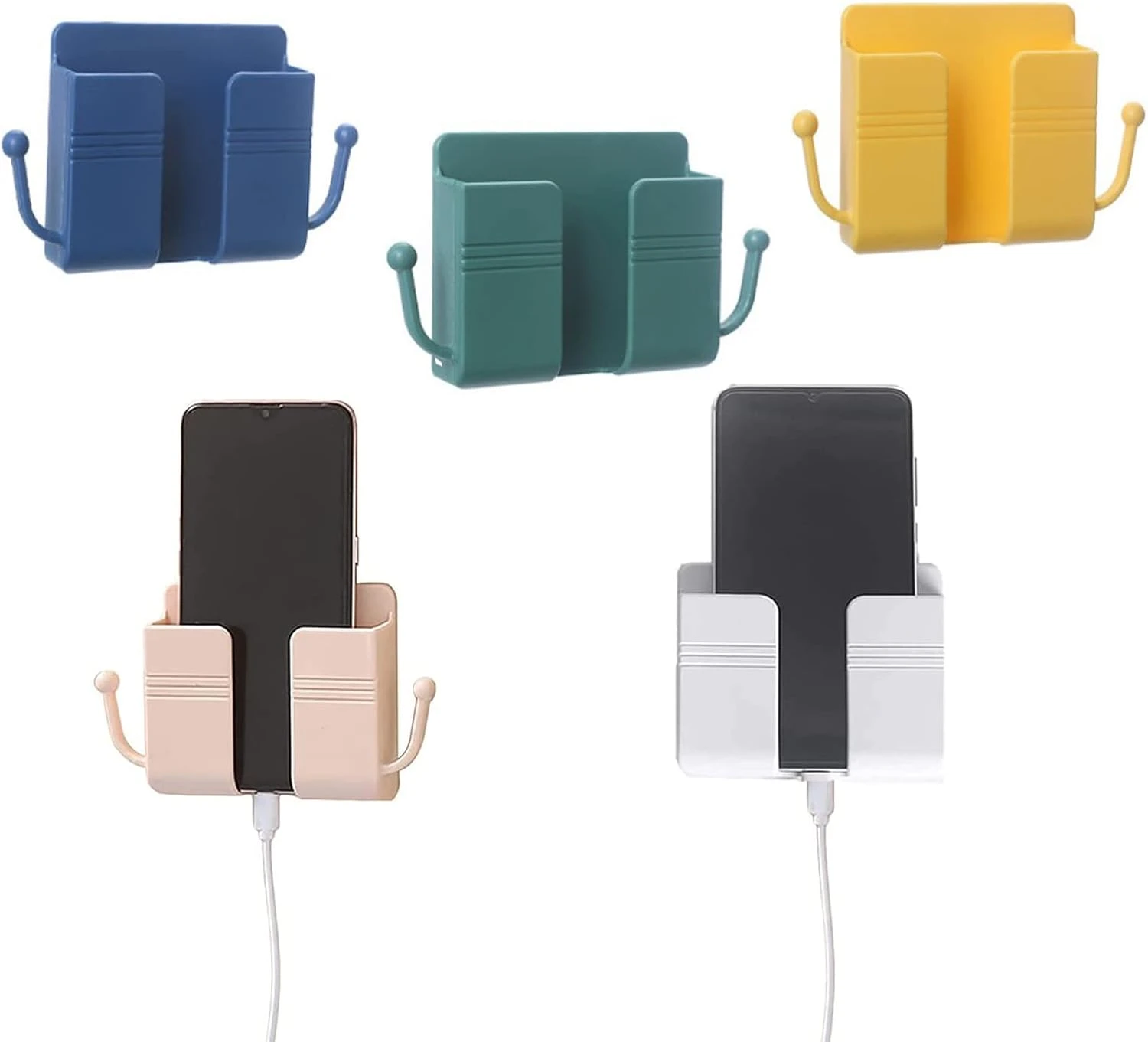 5 Pcs Wall Bracket Phone & Remote Holder – Storage Box with Hooks for Home & Office