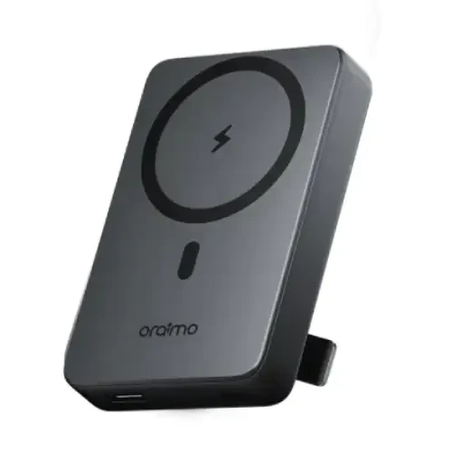 Oraimo MagPower 15 wireless power bank in gold color with foldable plug and lightning icon on circular charging pad Oraimo MagPower 15 OPB-7102W 10000mAh 15W Wireless Power Bank