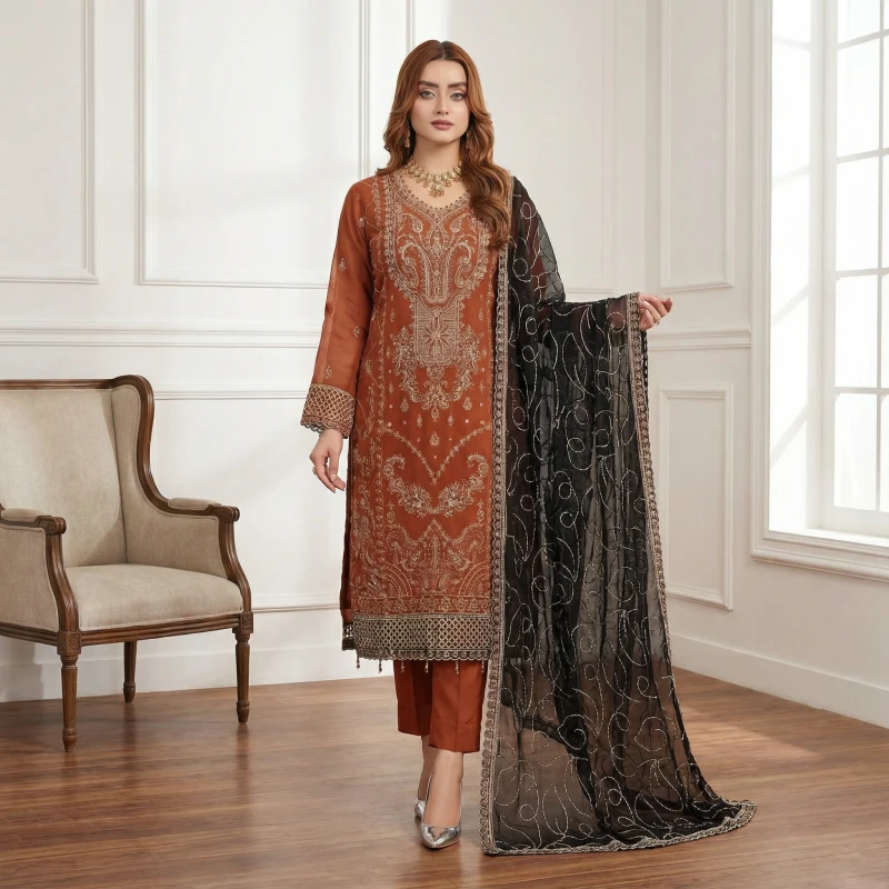 Zarmina Rust Elegance – Ray-1431 | Premium Embroidered 3 Piece